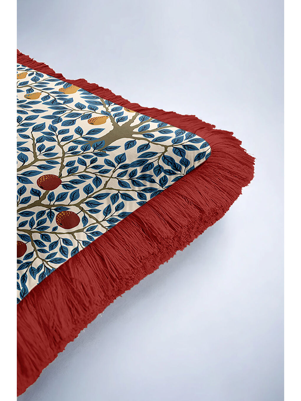 Karışık Meyve Bahçesi Motifli Saçaklı Yastık Kılıfı - Doğal Modern Krem Lacivert Püsküllü Kırlent Kılıfı-6