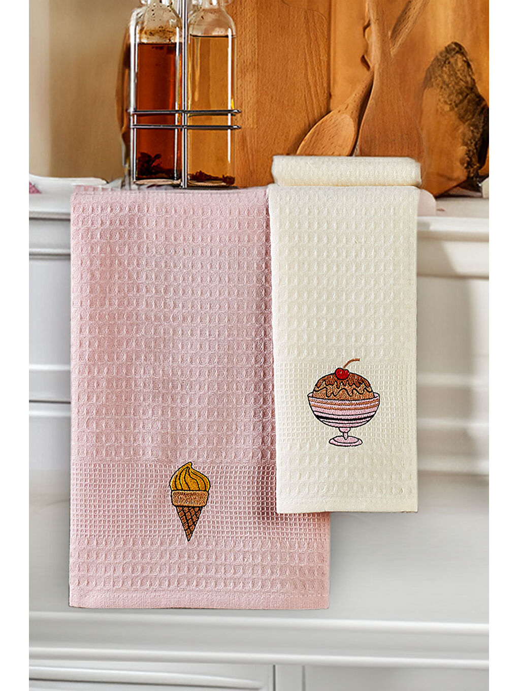 6'lı Nakışlı Kurulama Peçetesi Seti  40x60 Cm Pembe Krem %100 Pamuk Yumuşak ve Emici-2