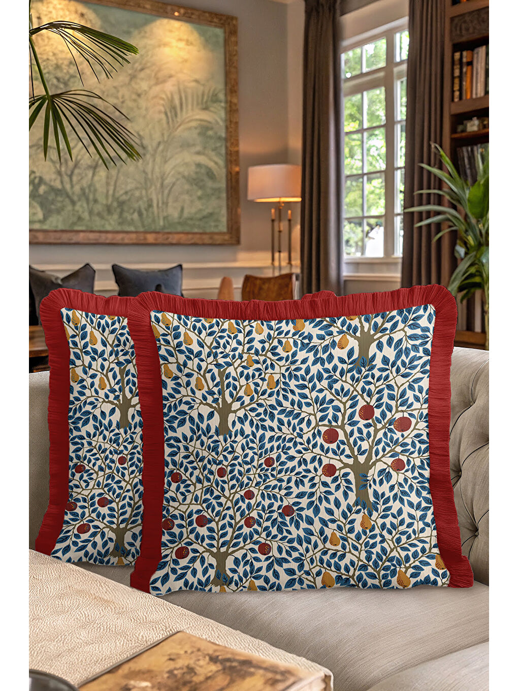 Karışık Meyve Bahçesi Motifli Saçaklı Yastık Kılıfı - Doğal Modern Krem Lacivert Püsküllü Kırlent Kılıfı-7