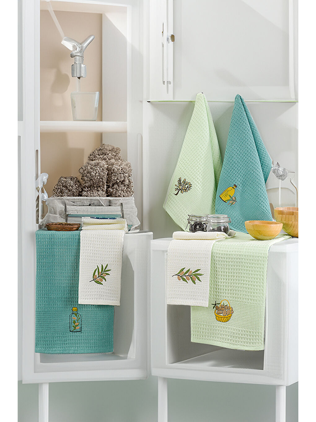 Yeşil 6'lı Nakışlı Kurulama Peçetesi Seti 40x60 cm Zeytin  %100 Pamuk Yumuşak ve Emici-1