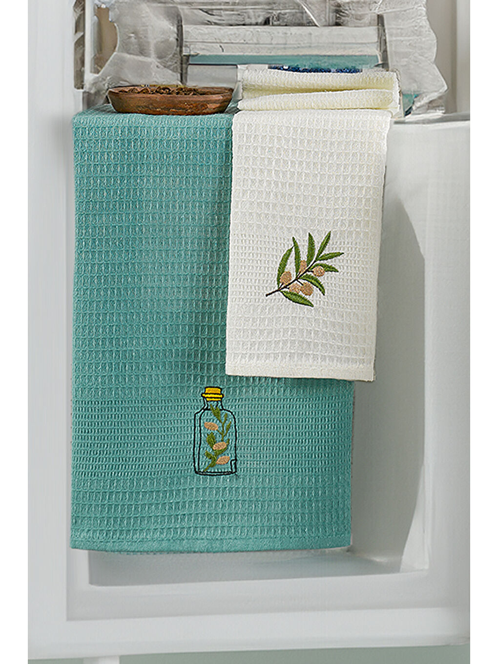 Yeşil 6'lı Nakışlı Kurulama Peçetesi Seti 40x60 cm Zeytin  %100 Pamuk Yumuşak ve Emici-2