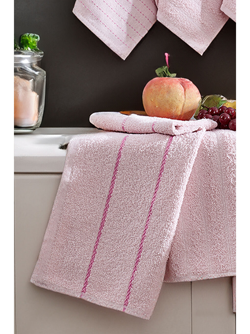 Pembe 6'lı Nakışlı Kurulama Bezi Seti 30X50 cm Pudra  %100 Pamuk Yumuşak ve Emici