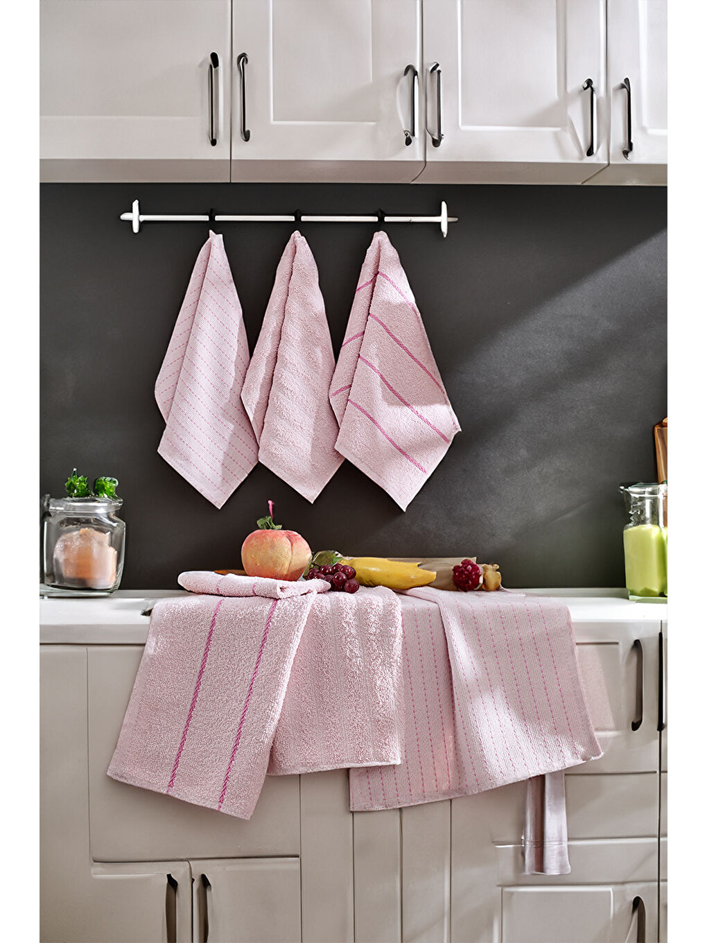 Pembe 6'lı Nakışlı Kurulama Bezi Seti 30X50 cm Pudra  %100 Pamuk Yumuşak ve Emici-2