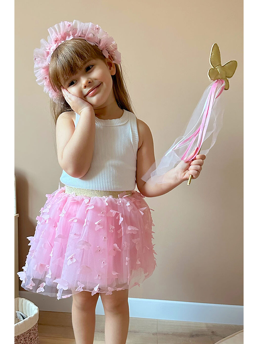 Pembe Kelebek Aplikeli Kız Çocuk Tül Etek - Pauline-1