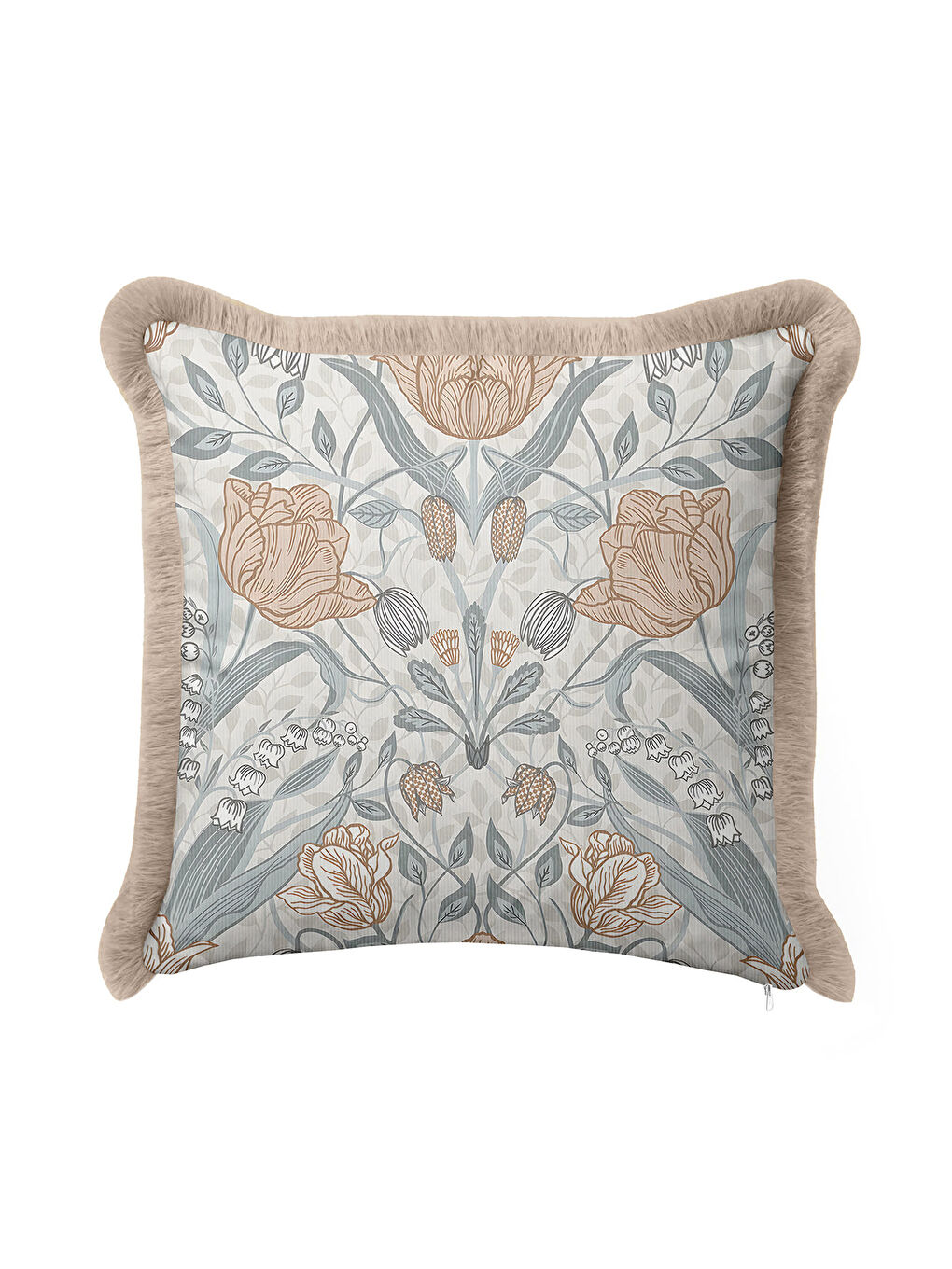 Karışık Lüks Vintage Bahar Çiçeği Saçaklı Yastık Kılıfı - Klasik Etnik Mavi Bej Gold Püsküllü Kırlent Kılıfı
