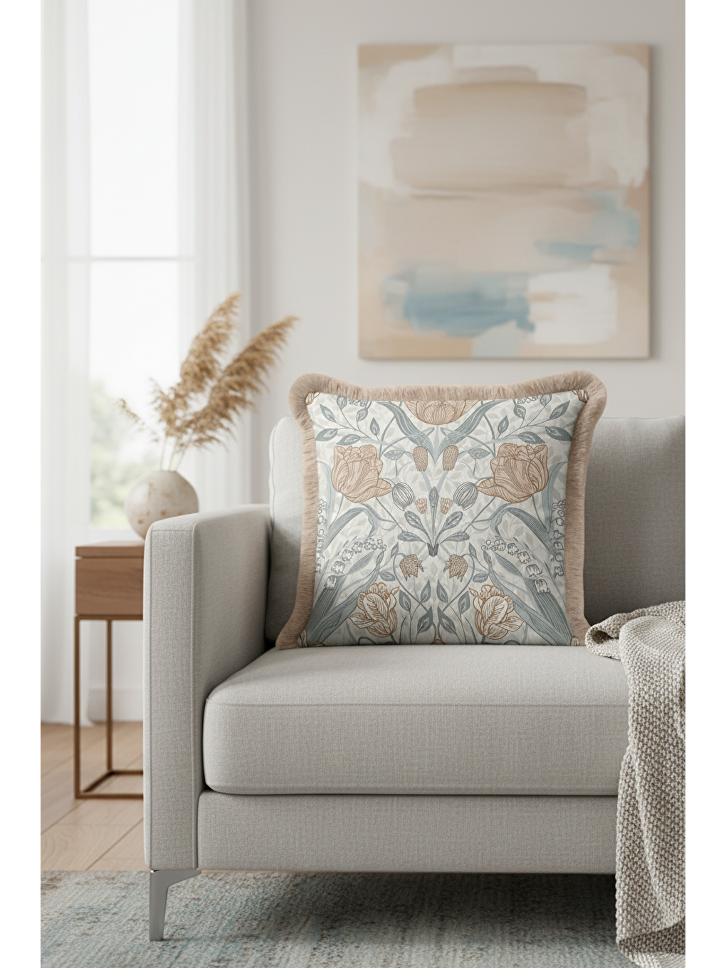 Karışık Lüks Vintage Bahar Çiçeği Saçaklı Yastık Kılıfı - Klasik Etnik Mavi Bej Gold Püsküllü Kırlent Kılıfı-1