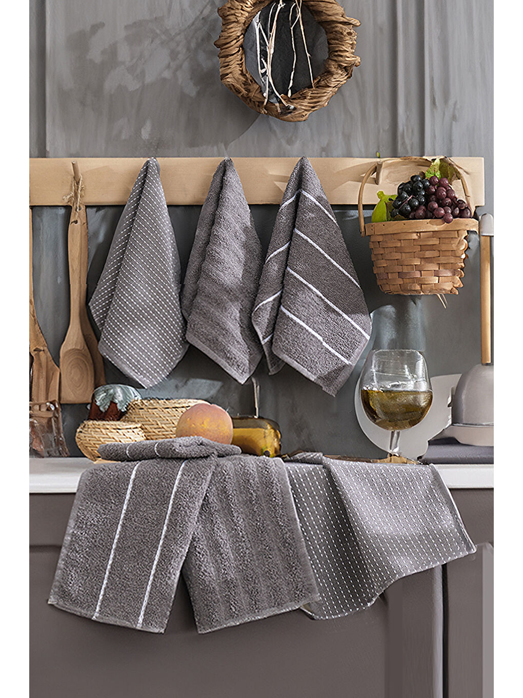 6'lı Nakışlı Kurulama Peçetesi Seti  30x50 cm Antrasit  %100 Pamuk Yumuşak ve Emici-1