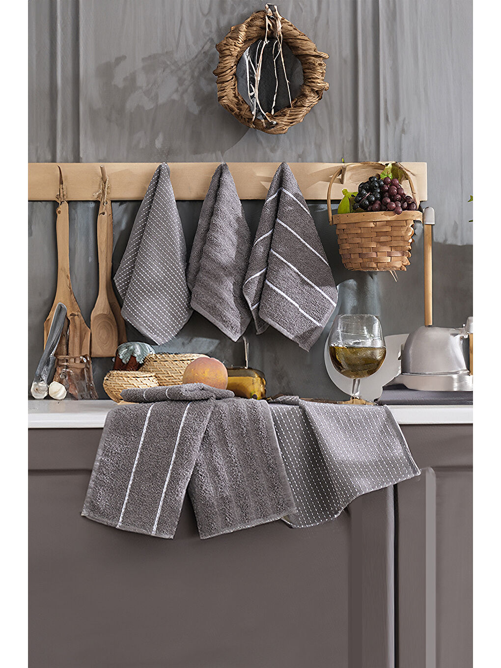 6'lı Nakışlı Kurulama Peçetesi Seti  30x50 cm Antrasit  %100 Pamuk Yumuşak ve Emici-2