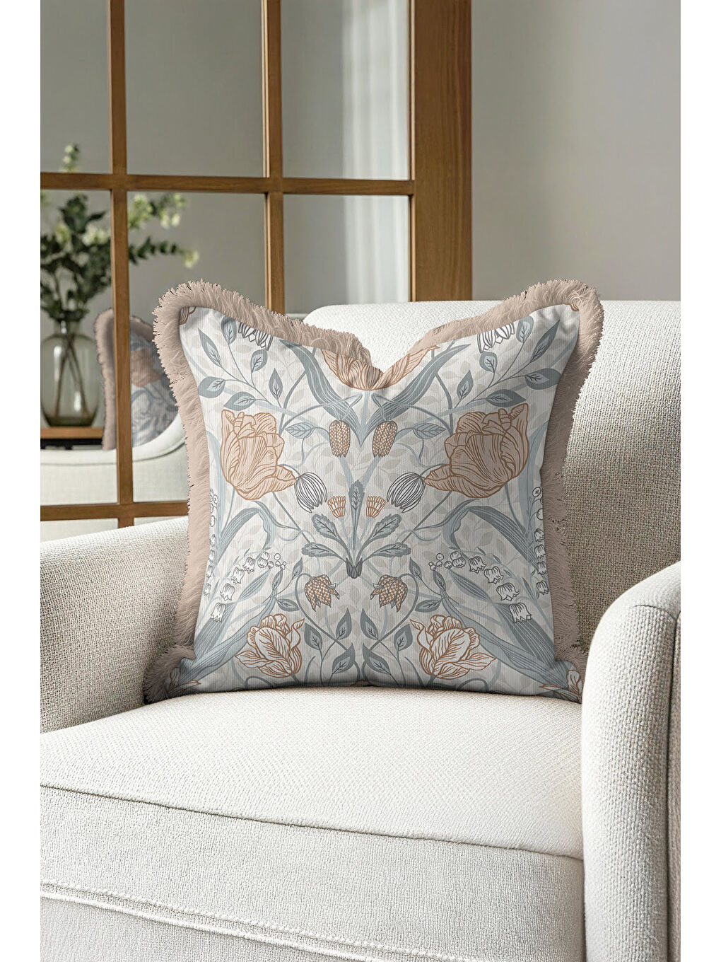 Karışık Lüks Vintage Bahar Çiçeği Saçaklı Yastık Kılıfı - Klasik Etnik Mavi Bej Gold Püsküllü Kırlent Kılıfı-2