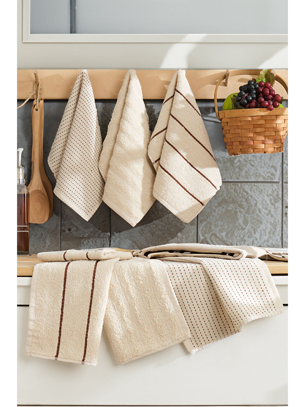 UPSTYLE 6'lı Nakışlı Kurulama Bezi Seti  30x50 cm Bej   %100 Pamuk Yumuşak ve Emici - 1