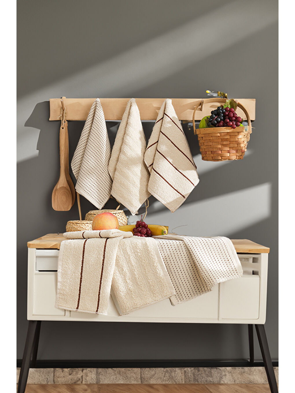 UPSTYLE 6'lı Nakışlı Kurulama Bezi Seti  30x50 cm Bej   %100 Pamuk Yumuşak ve Emici - 2