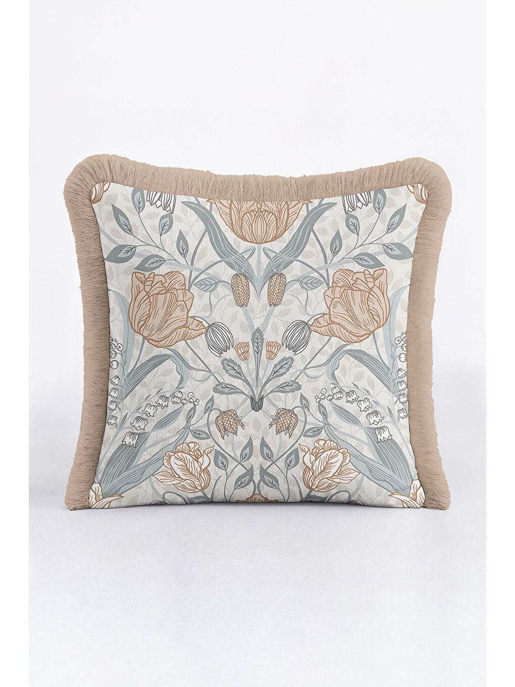 Karışık Lüks Vintage Bahar Çiçeği Saçaklı Yastık Kılıfı - Klasik Etnik Mavi Bej Gold Püsküllü Kırlent Kılıfı-4
