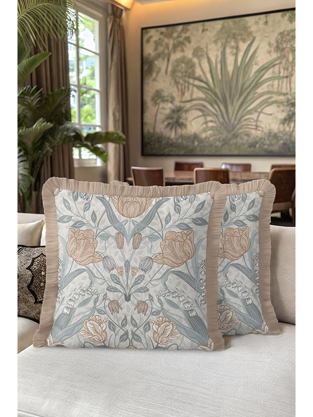 Karışık Lüks Vintage Bahar Çiçeği Saçaklı Yastık Kılıfı - Klasik Etnik Mavi Bej Gold Püsküllü Kırlent Kılıfı-5