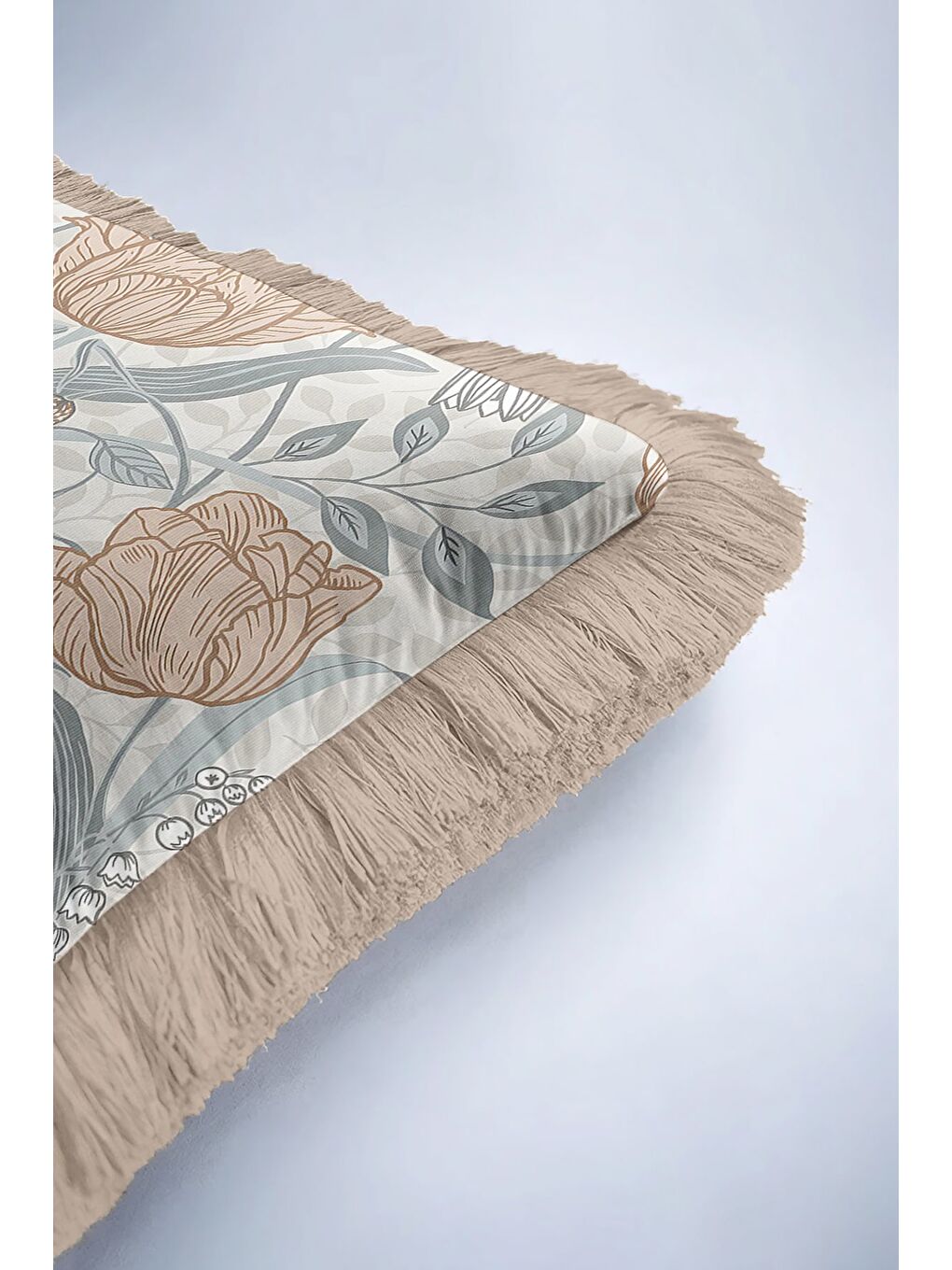 Karışık Lüks Vintage Bahar Çiçeği Saçaklı Yastık Kılıfı - Klasik Etnik Mavi Bej Gold Püsküllü Kırlent Kılıfı-6