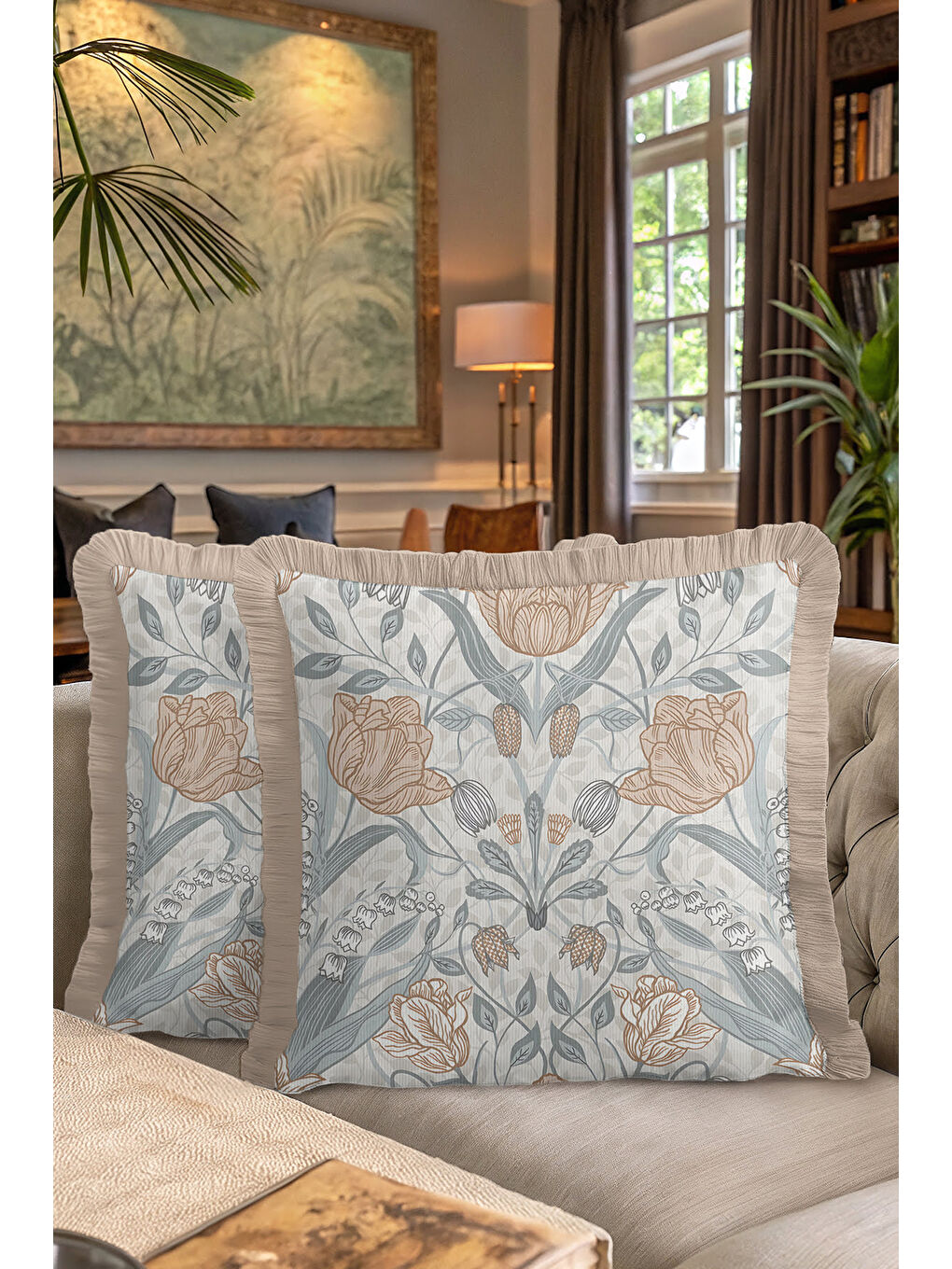 Karışık Lüks Vintage Bahar Çiçeği Saçaklı Yastık Kılıfı - Klasik Etnik Mavi Bej Gold Püsküllü Kırlent Kılıfı-7