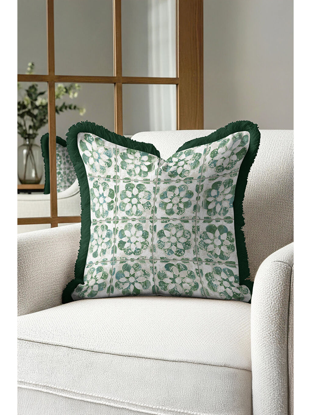 Karışık Zarif Çiçek Motifli Saçaklı Yastık Kılıfı - Yeşil Vurgulu Vintage Etnik Püsküllü Kırlent Kılıfı