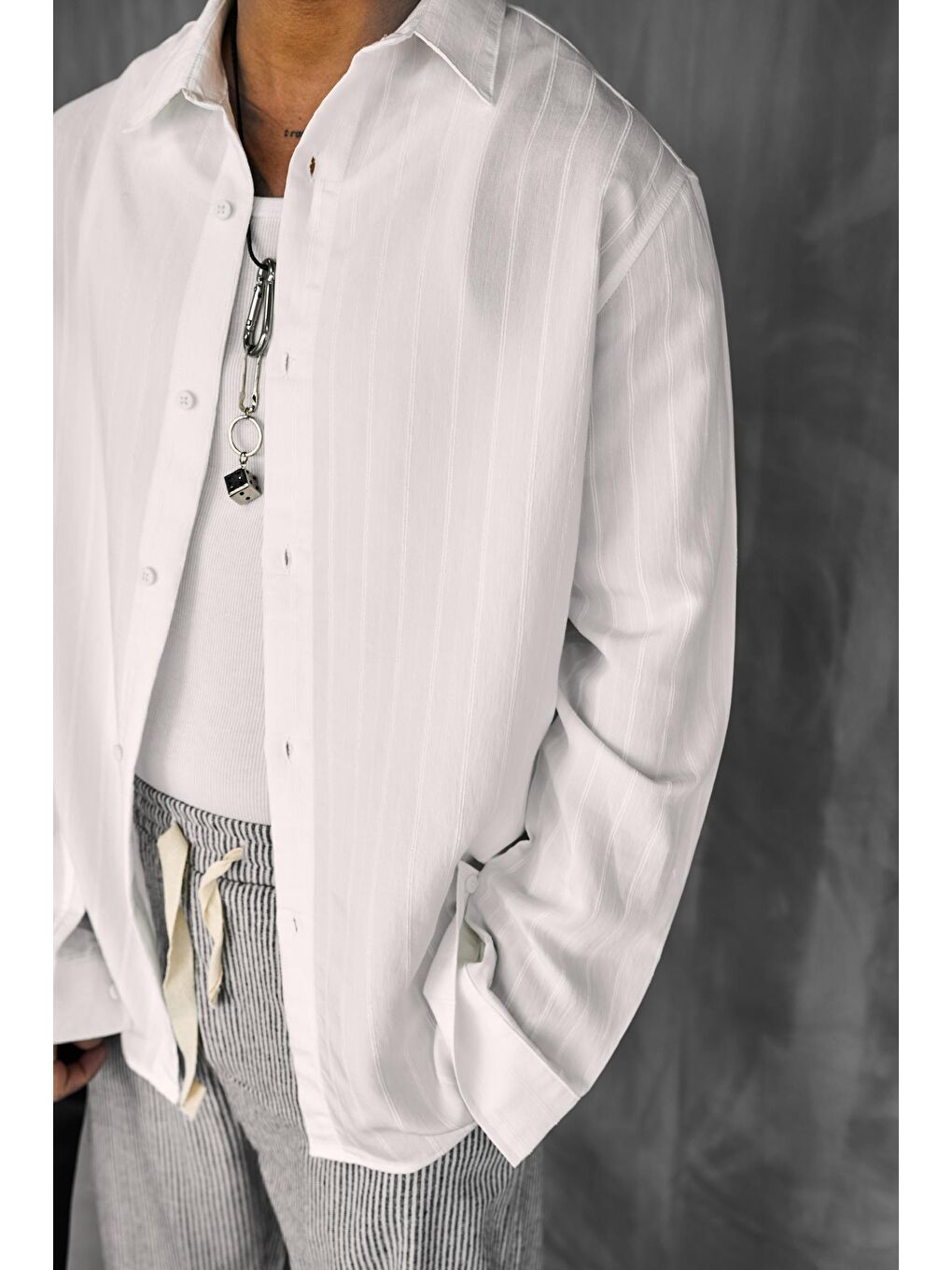 Erkek Premium Çizgili Pamuklu Oversize Gömlek Beyaz-5