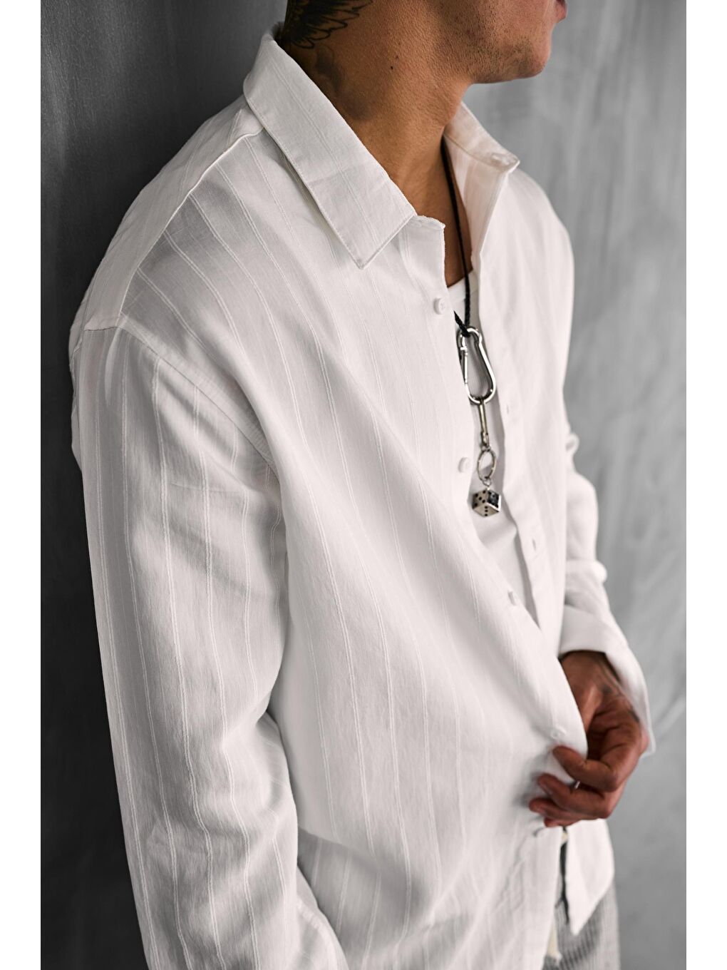 Erkek Premium Çizgili Pamuklu Oversize Gömlek Beyaz-6