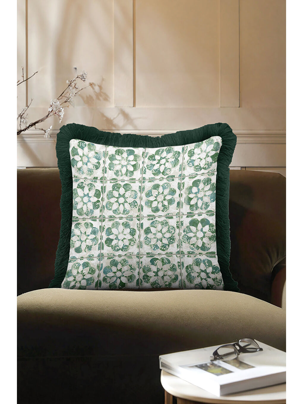 Karışık Zarif Çiçek Motifli Saçaklı Yastık Kılıfı - Yeşil Vurgulu Vintage Etnik Püsküllü Kırlent Kılıfı-1
