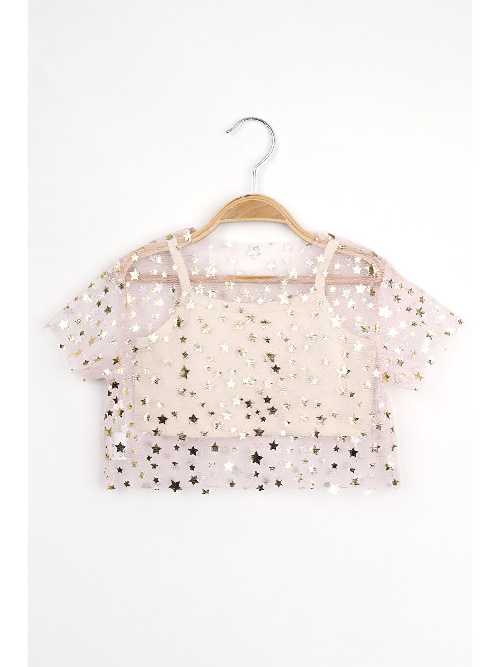 Pembe Pudra  Yıldız Baskılı Kız Çocuk Tül Crop Bluz