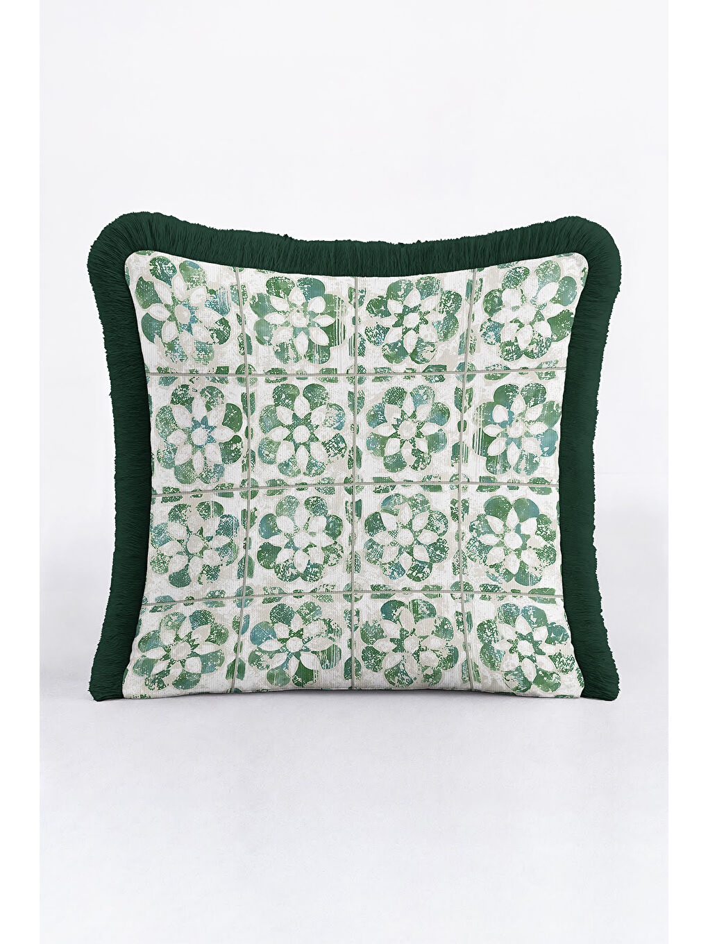 Karışık Zarif Çiçek Motifli Saçaklı Yastık Kılıfı - Yeşil Vurgulu Vintage Etnik Püsküllü Kırlent Kılıfı-2