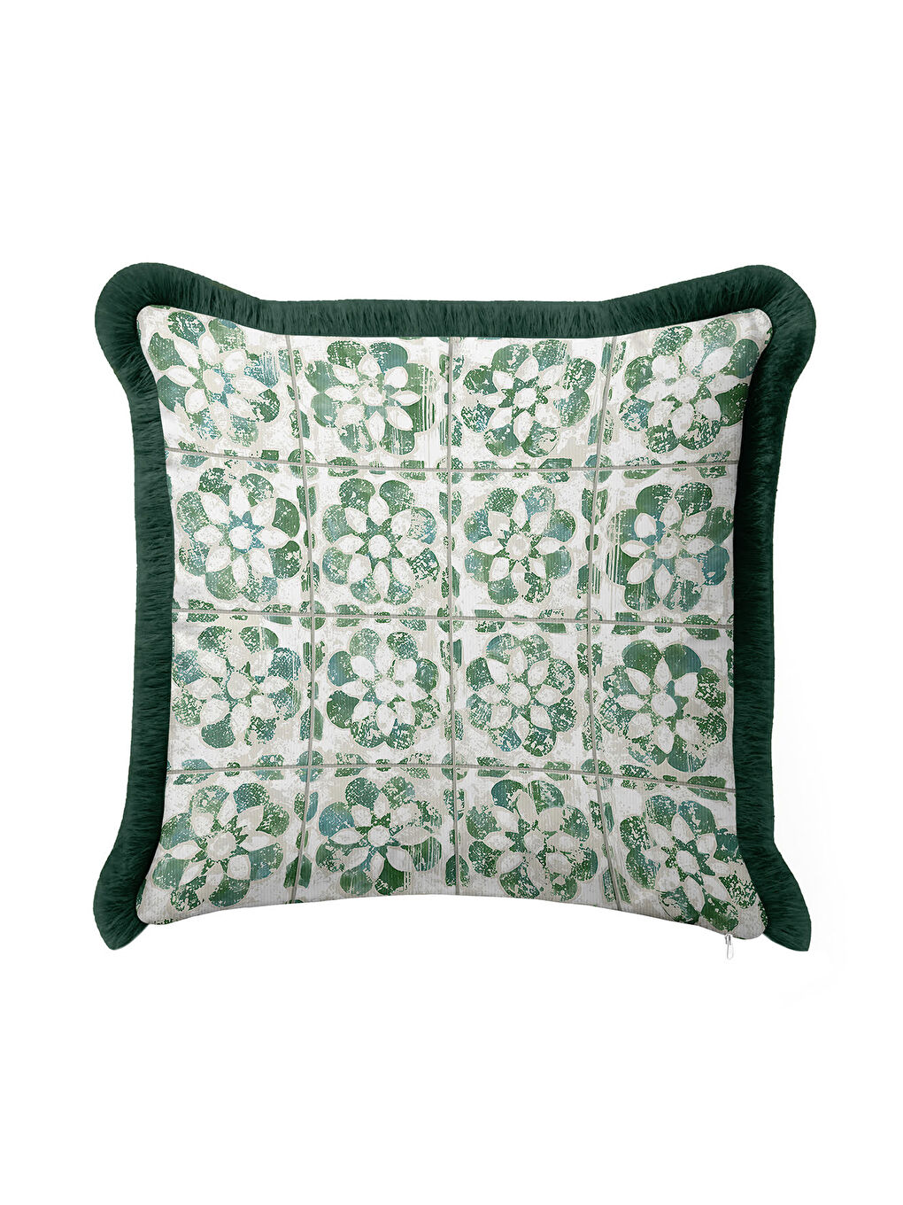 Karışık Zarif Çiçek Motifli Saçaklı Yastık Kılıfı - Yeşil Vurgulu Vintage Etnik Püsküllü Kırlent Kılıfı-3