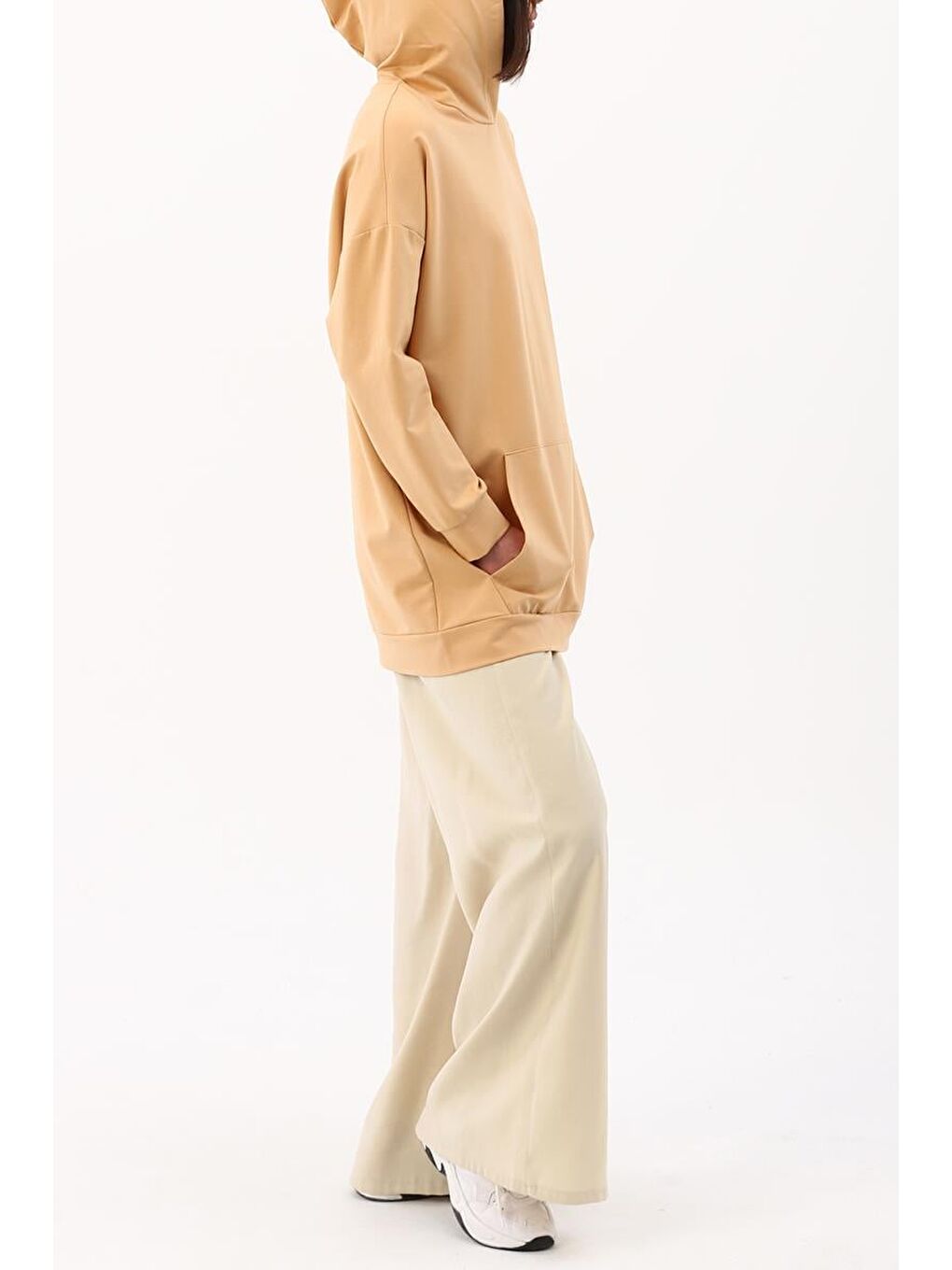 Açık Bej-Kapüşonlu Kanguru Cepli Elastanlı Sweat-1