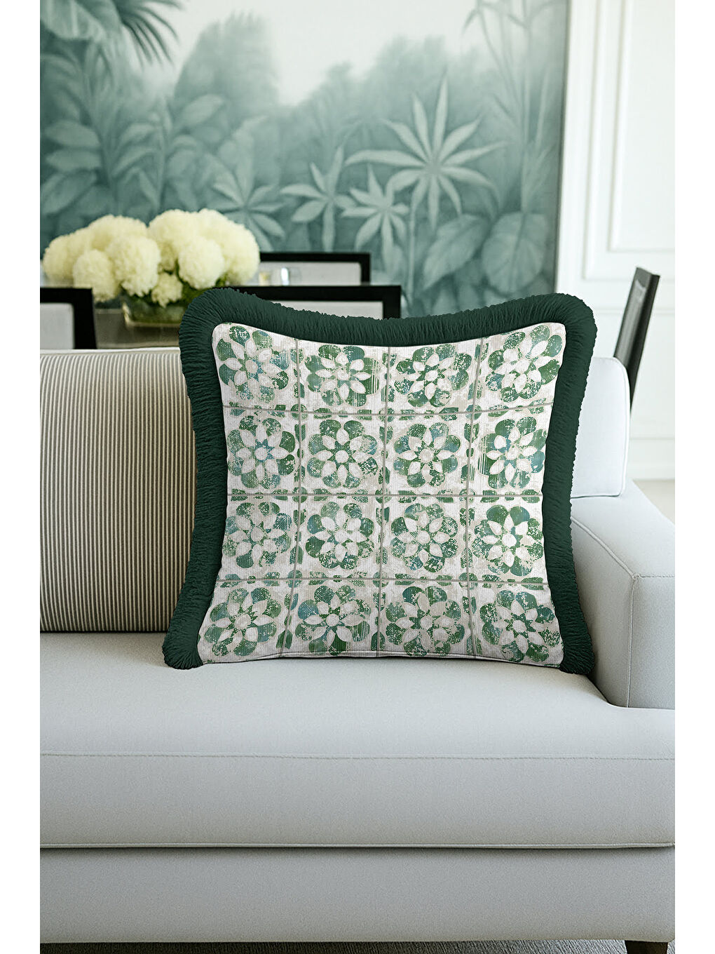 Karışık Zarif Çiçek Motifli Saçaklı Yastık Kılıfı - Yeşil Vurgulu Vintage Etnik Püsküllü Kırlent Kılıfı-4