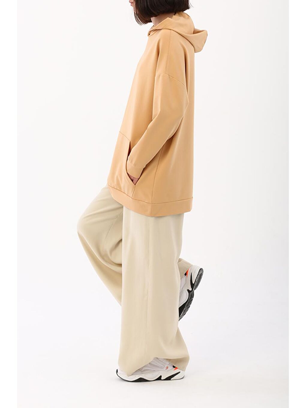 Açık Bej-Kapüşonlu Kanguru Cepli Elastanlı Sweat-2