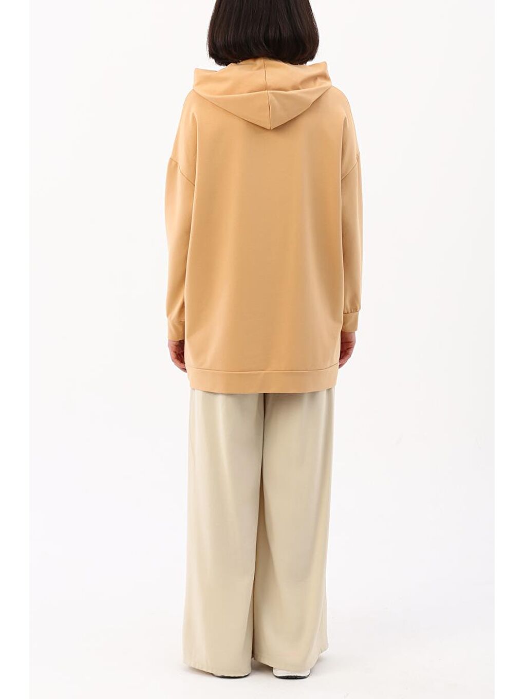 Açık Bej-Kapüşonlu Kanguru Cepli Elastanlı Sweat-3