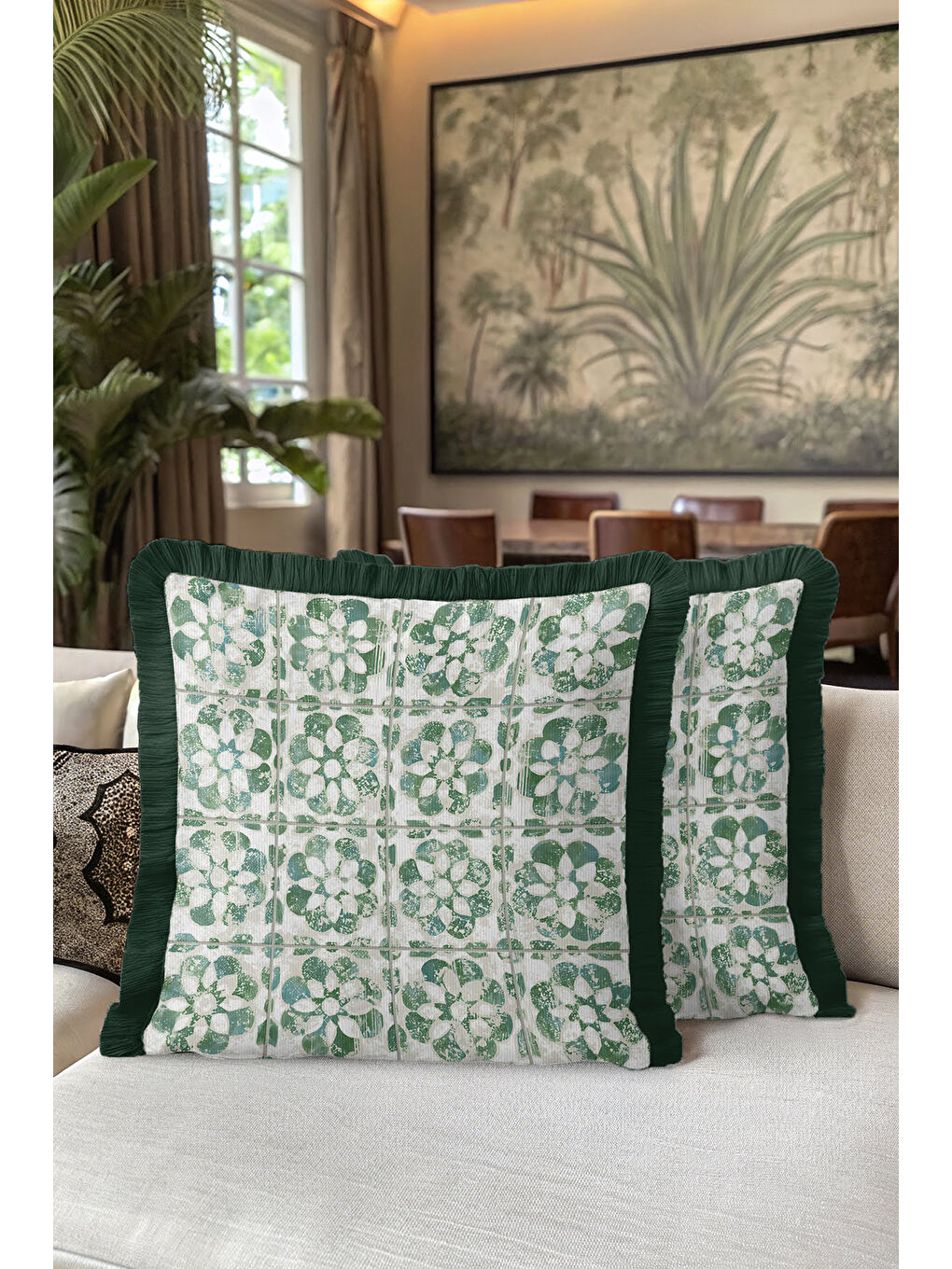 Karışık Zarif Çiçek Motifli Saçaklı Yastık Kılıfı - Yeşil Vurgulu Vintage Etnik Püsküllü Kırlent Kılıfı-5
