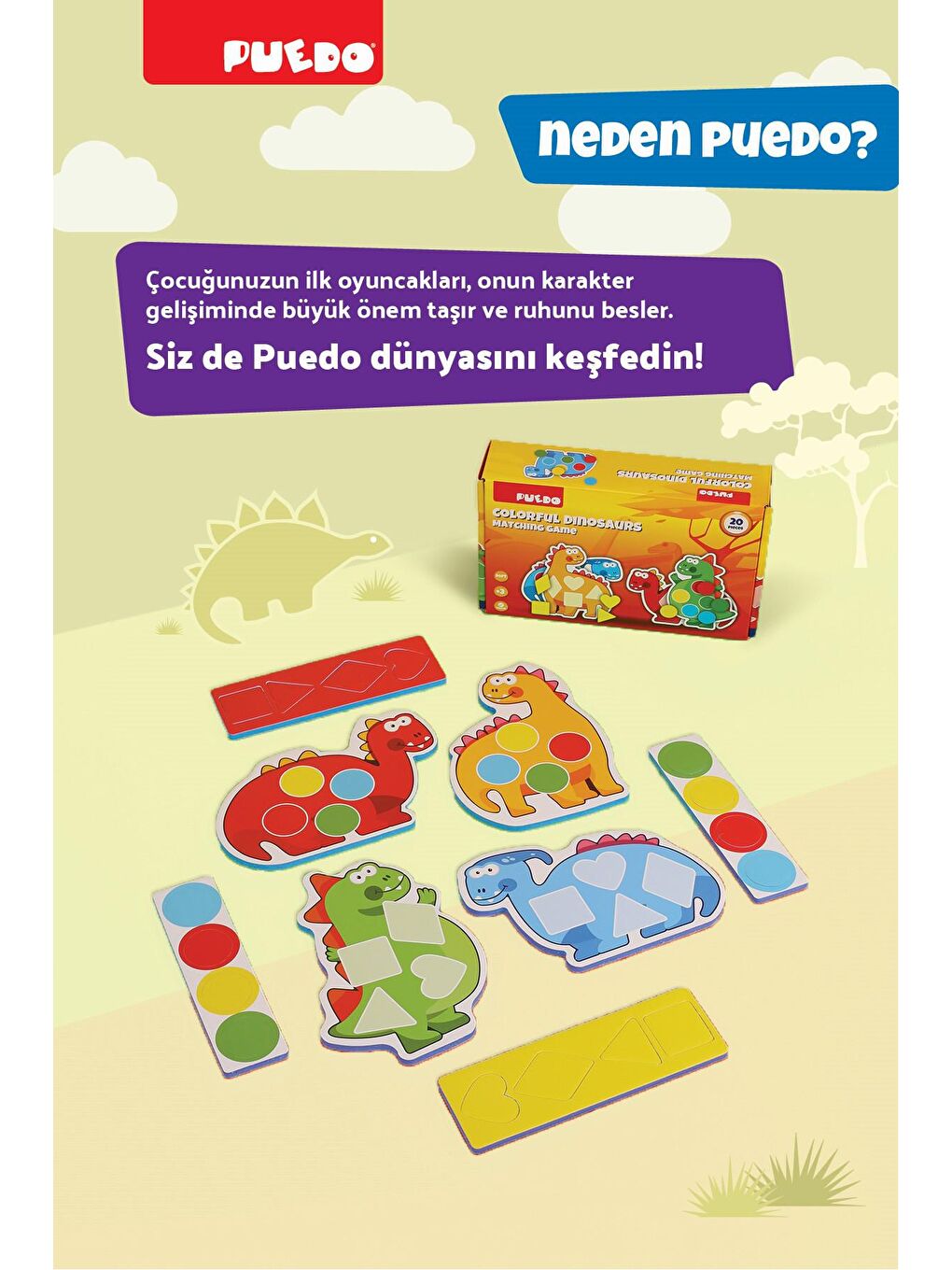 Puedo Karışık Colorful Dinosaurs Eşleştirme Oyunu (20 Parça) - 6