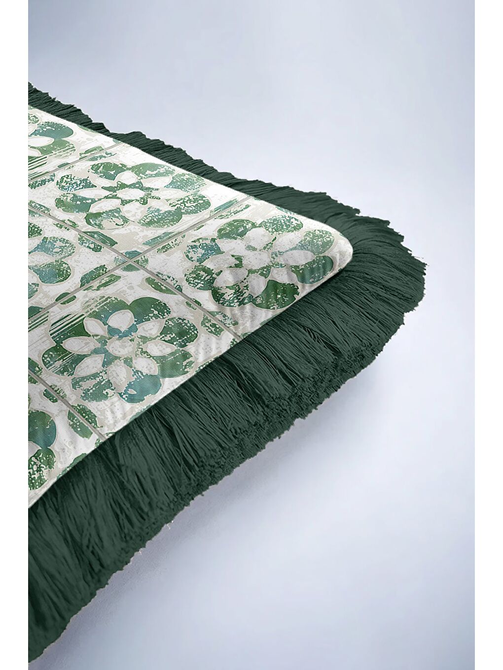 Karışık Zarif Çiçek Motifli Saçaklı Yastık Kılıfı - Yeşil Vurgulu Vintage Etnik Püsküllü Kırlent Kılıfı-6