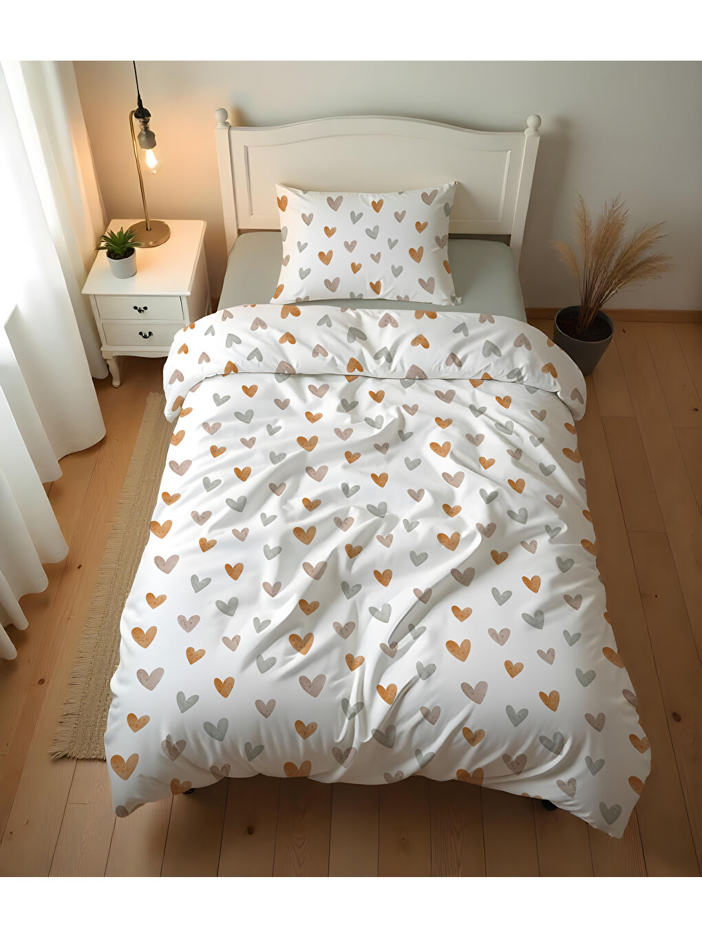 Karışık Çift Taraflı Kalp Desenli Çarşafsız Takım Tek Kişilik Nevresim Takımı 160x220 Cm-3