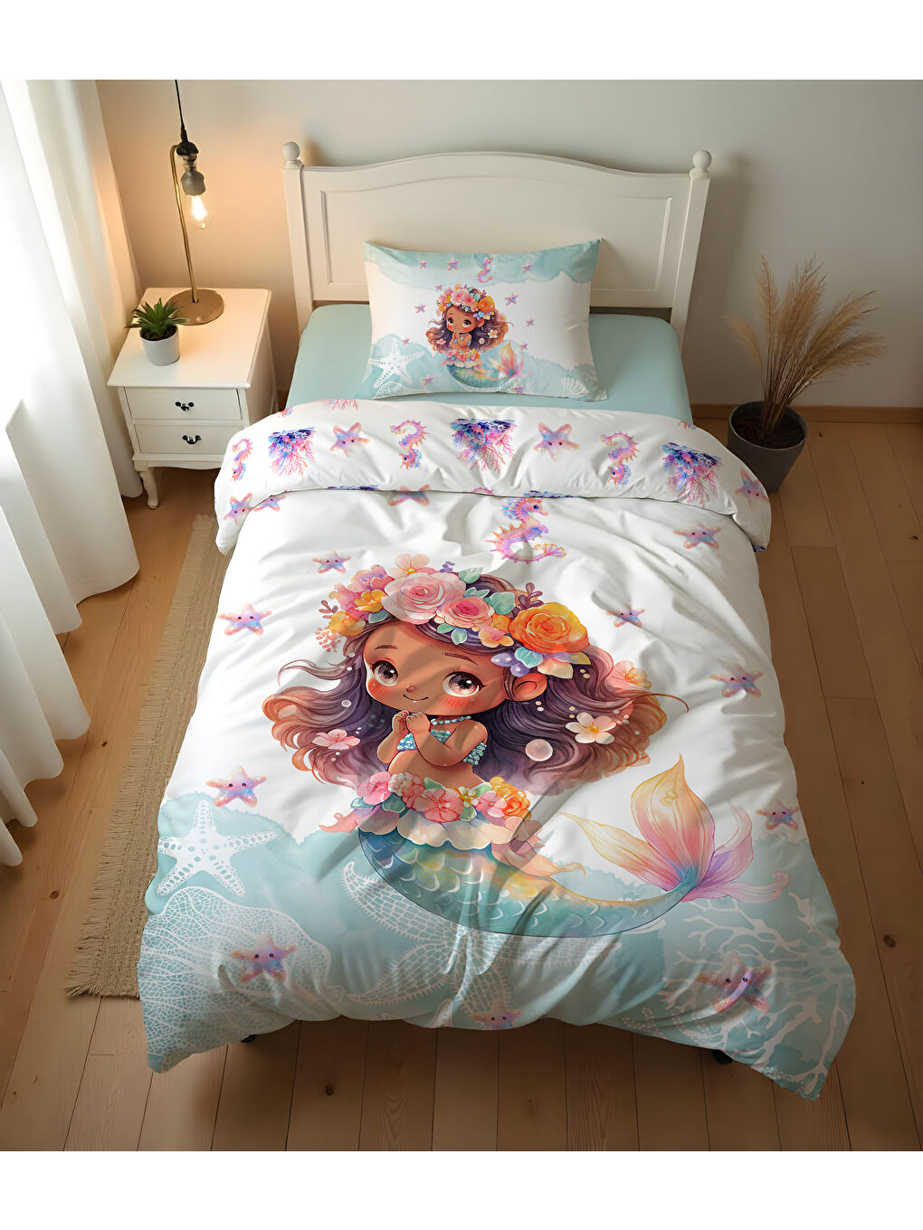 Karışık Denizkızı Desenli Çarşafsız 2'li Takım Baskılı Tek Kişilik Nevresim Takımı 160x220 cm-2