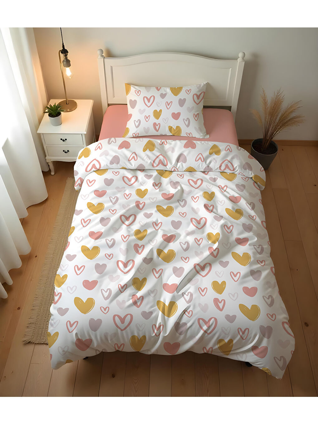 Karışık Çift Taraflı Kalp  Desenli Çarşafsız Takım Tek Kişilik Nevresim Takımı 160x220 Cm-3