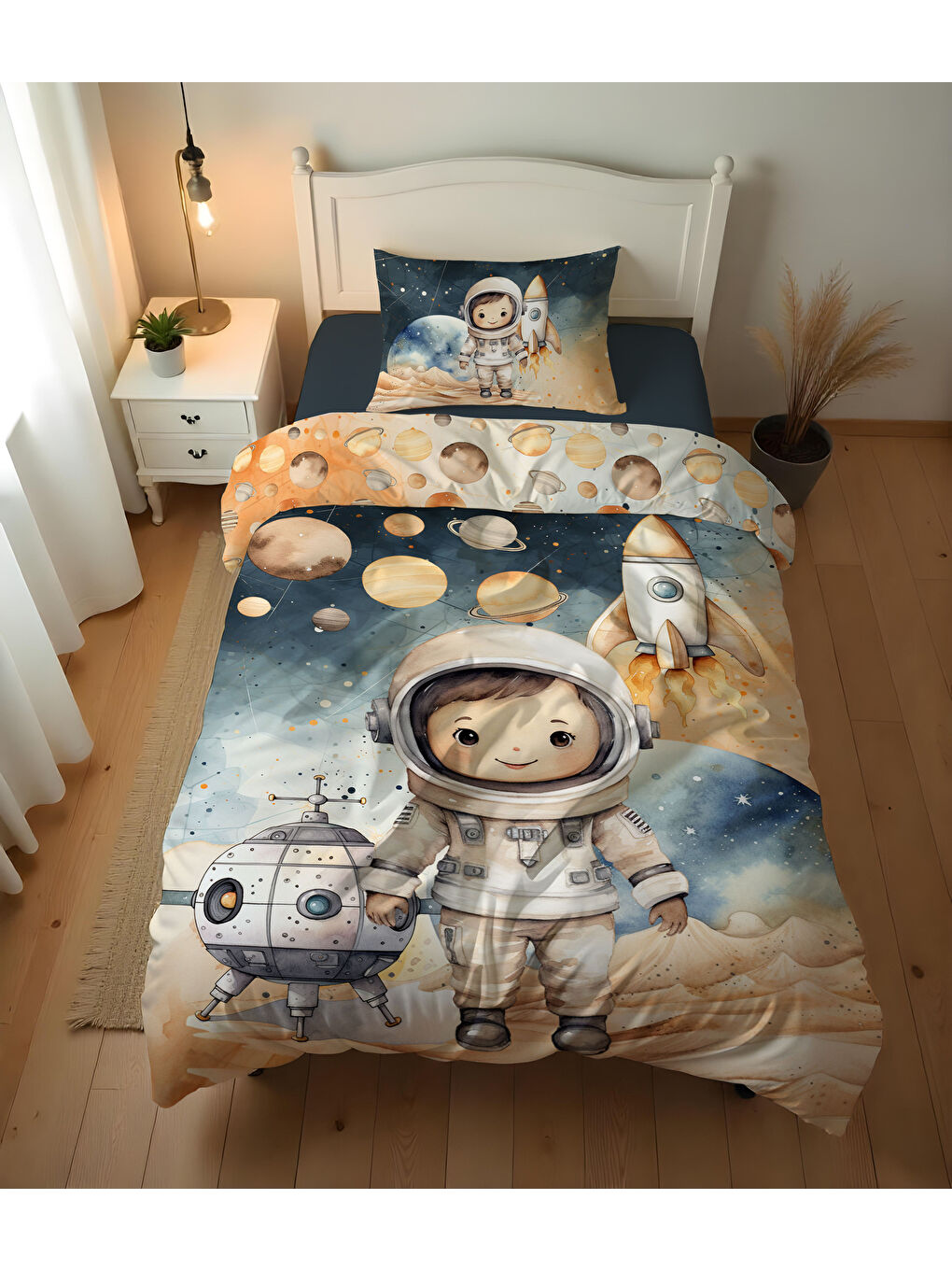 Karışık Astronot Desenli Çarşafsız 2'li Takım Baskılı Tek Kişilik Nevresim Takımı 160x220 cm-2