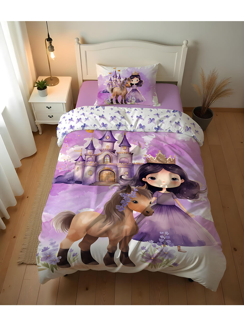 Karışık Masal Prensesi Desenli Çarşafsız 2'li Takım Baskılı Tek Kişilik Nevresim Takımı 160x220 cm-2