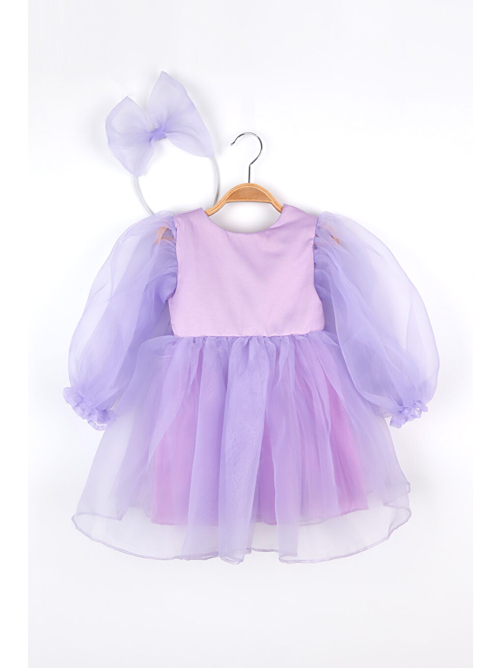 Lila Uzun Kollu Organze Kız Çocuk Parti Elbisesi - Sage-1