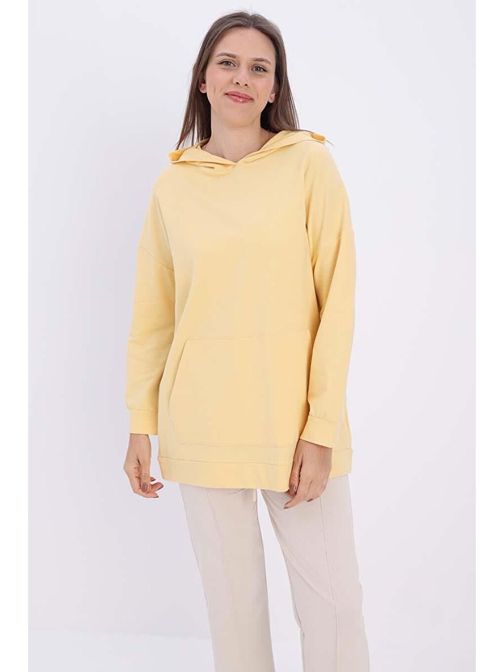 Açık Sarı Kanguru Cepli Kapüşonlu Sweat Tunik