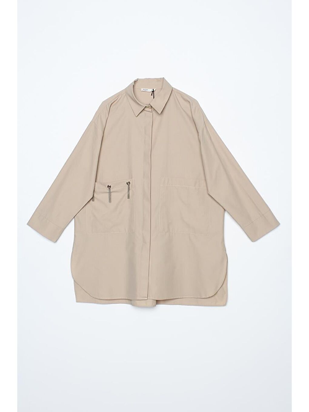 Bej Büyük Cepli Kuşgözlü Oversize Gömlek-5