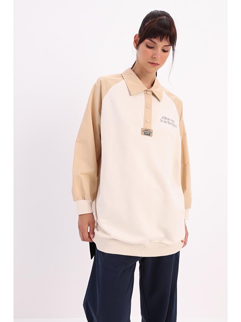 Ekru-Pamuklu Garnili Polo Yaka Sweat