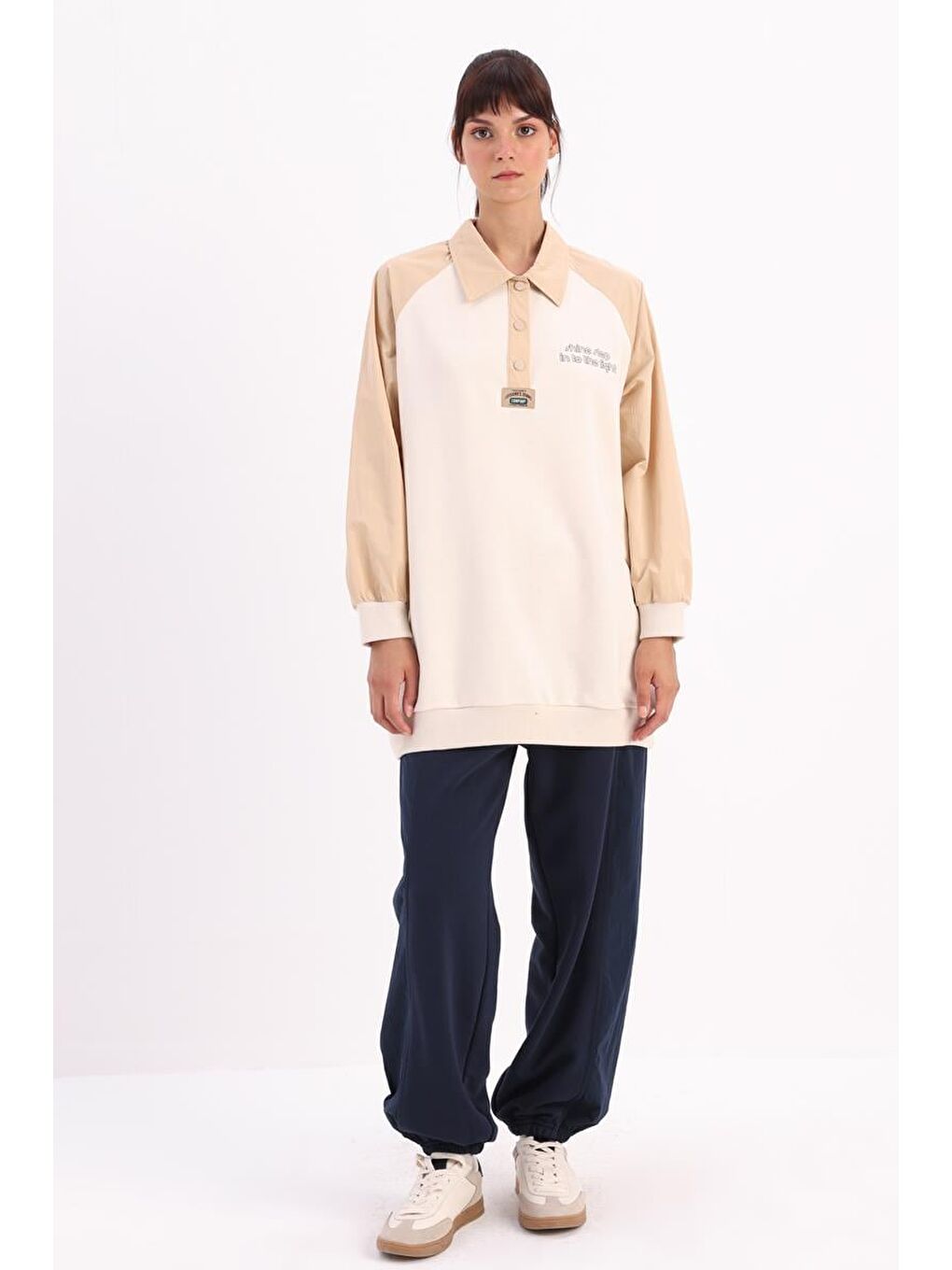 Ekru-Pamuklu Garnili Polo Yaka Sweat-1