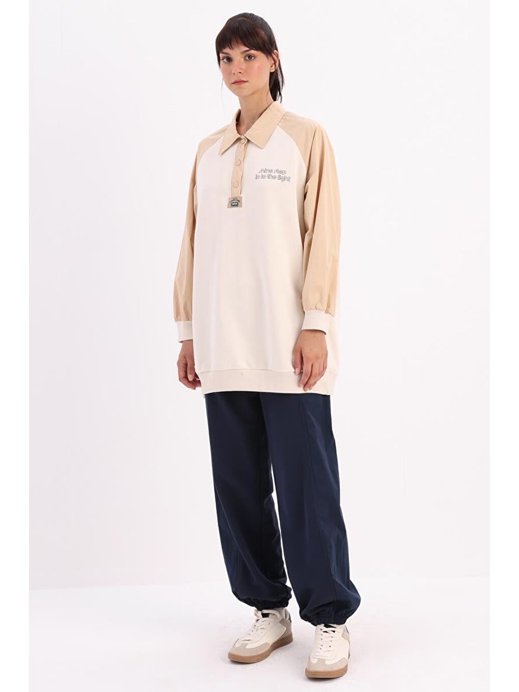 Ekru-Pamuklu Garnili Polo Yaka Sweat-2