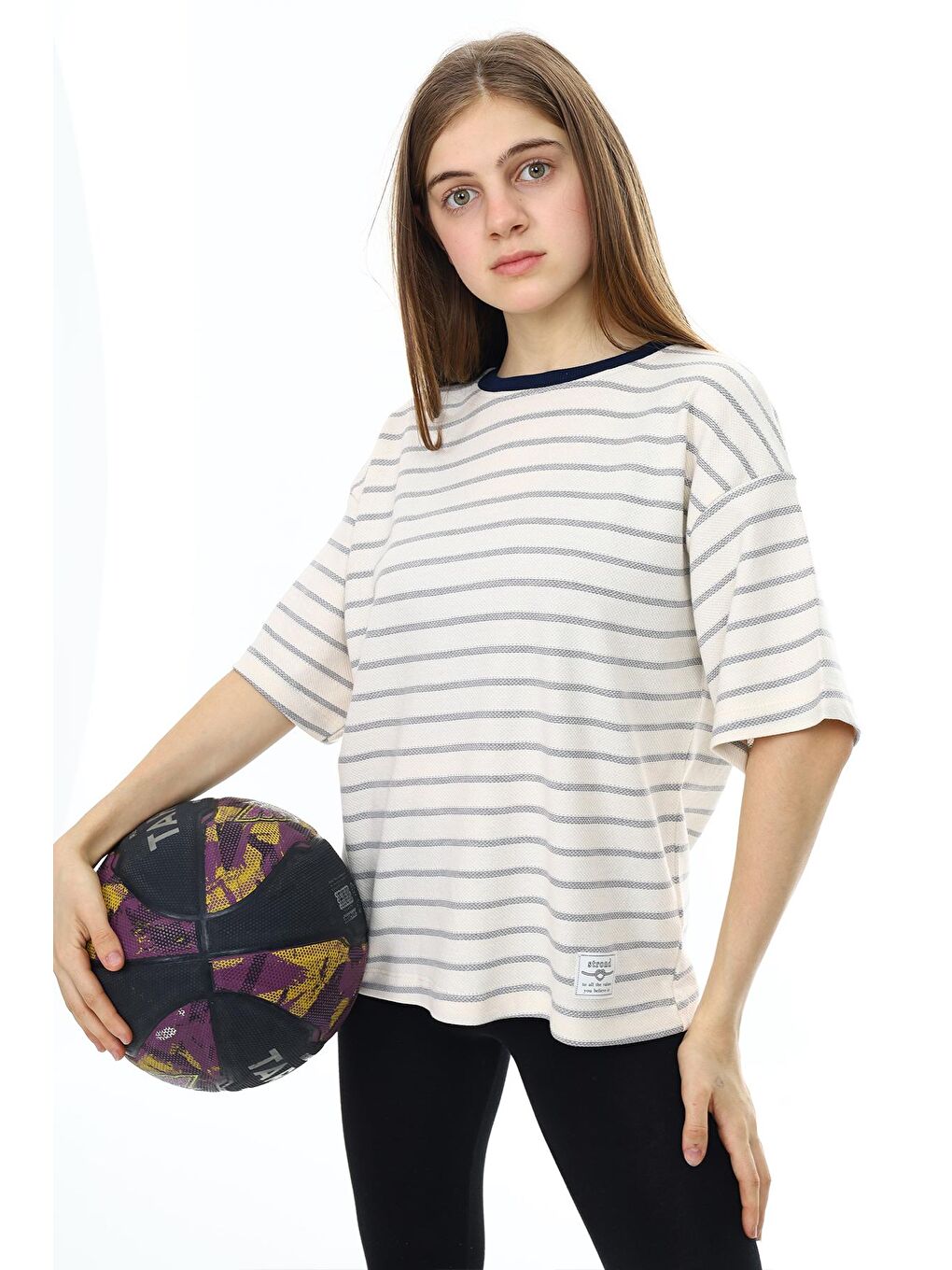 Lacivert Çizgili Bisiklet Yaka Kız Çocuk Kısa Kol T-shirt 18381-2