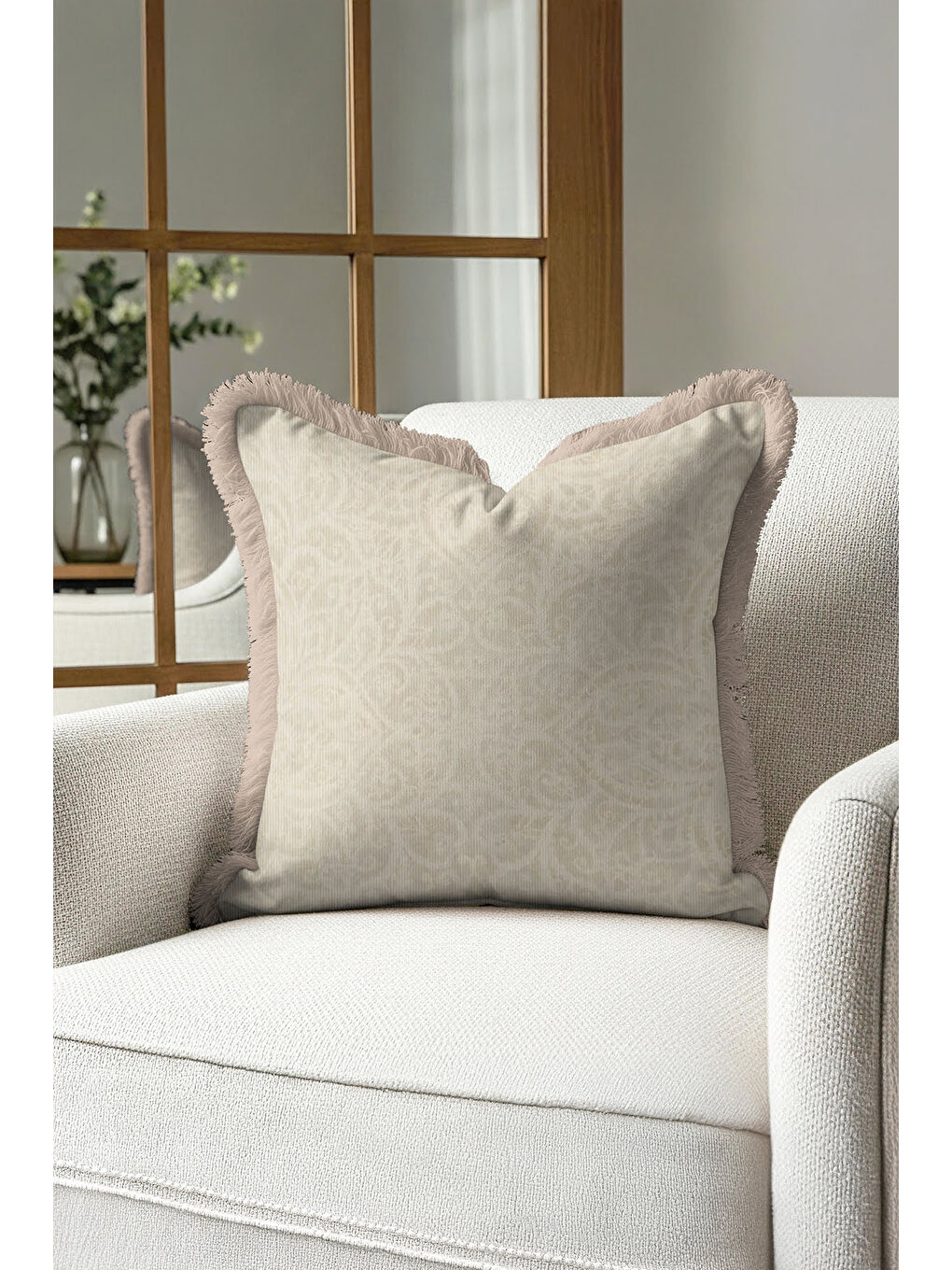 Karışık Barok Şıklık Saçaklı Yastık Kılıfı - Zarif Krem Bohem Bej Püsküllü Kırlent Kılıfı-1