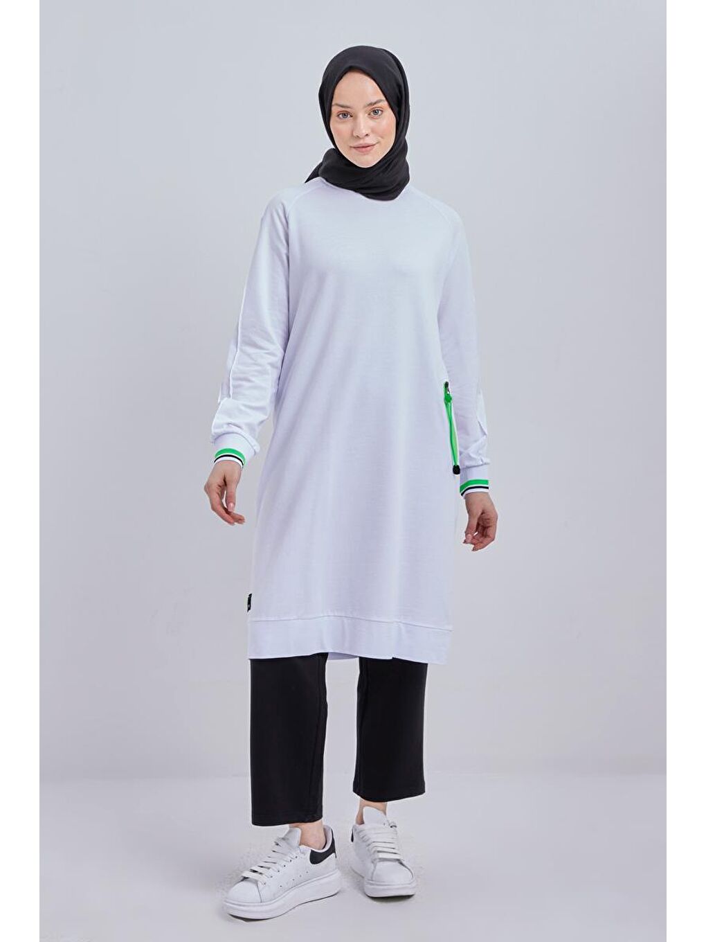 Beyaz Pamuklu Fermuaur Detaylı Sweat Tunik-1