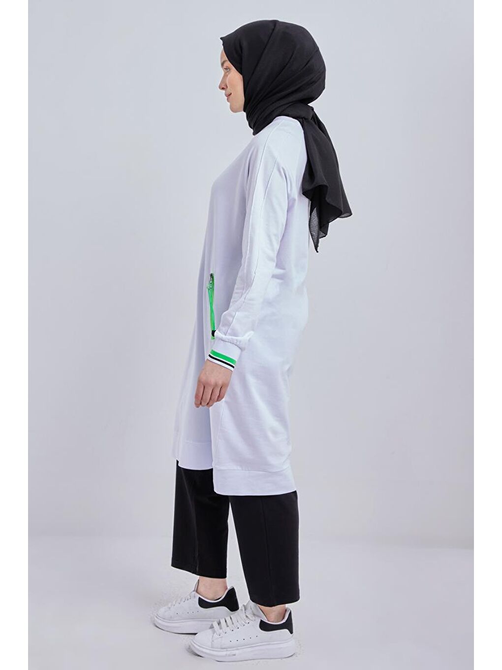 Beyaz Pamuklu Fermuaur Detaylı Sweat Tunik-2