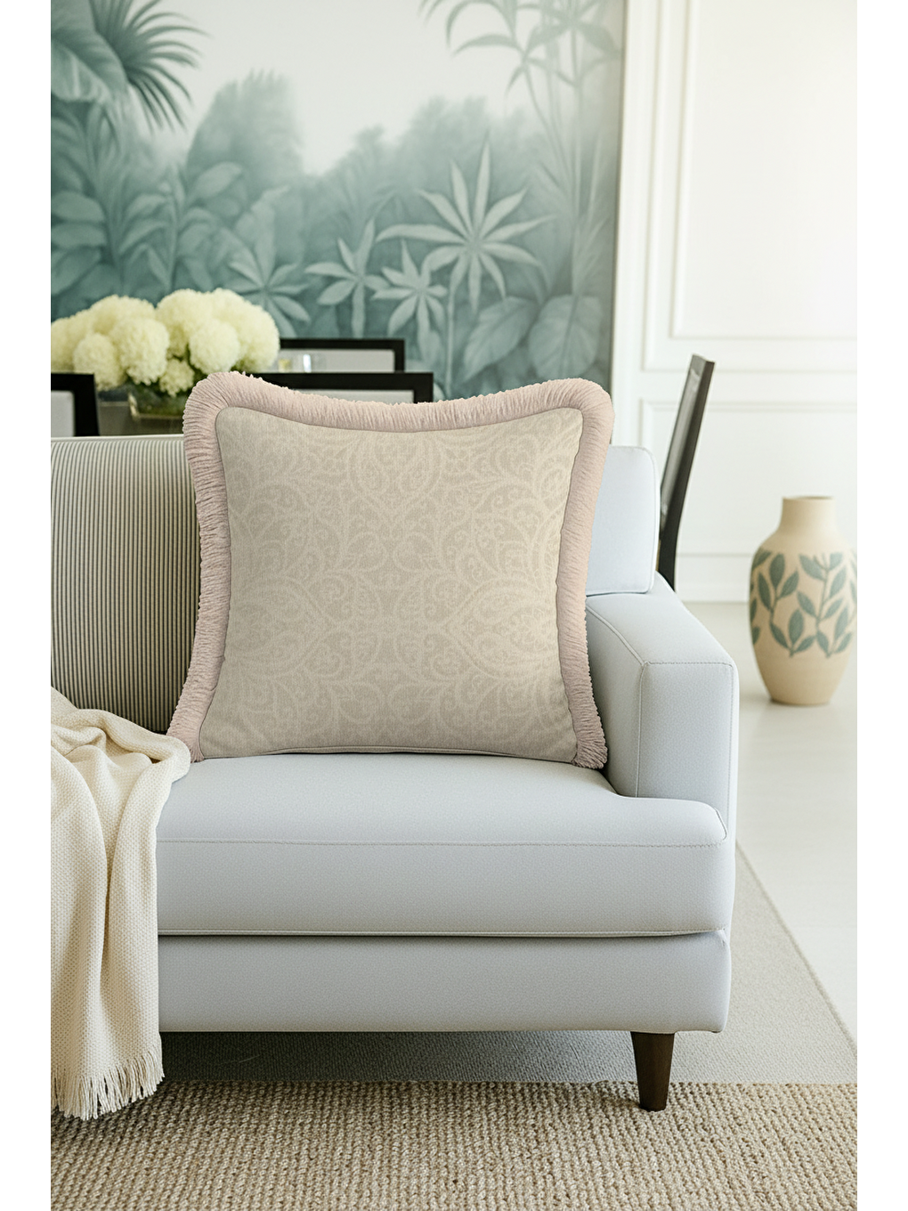 Karışık Barok Şıklık Saçaklı Yastık Kılıfı - Zarif Krem Bohem Bej Püsküllü Kırlent Kılıfı-3