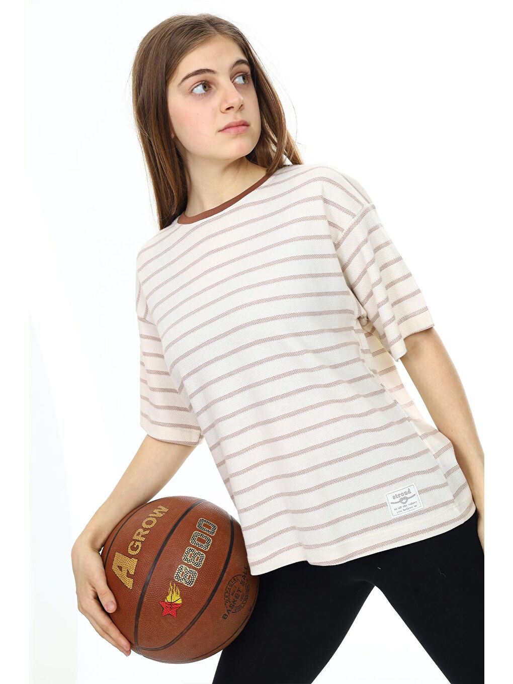 Ekru Krem Çizgili Bisiklet Yaka Kız Çocuk Kısa Kol T-shirt 18380-2